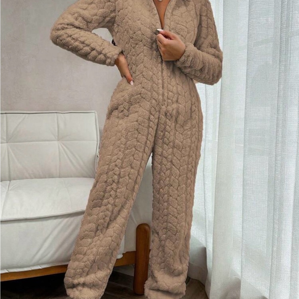 Cozy Tan Textured Jumpsuit - Picture 2 of 3